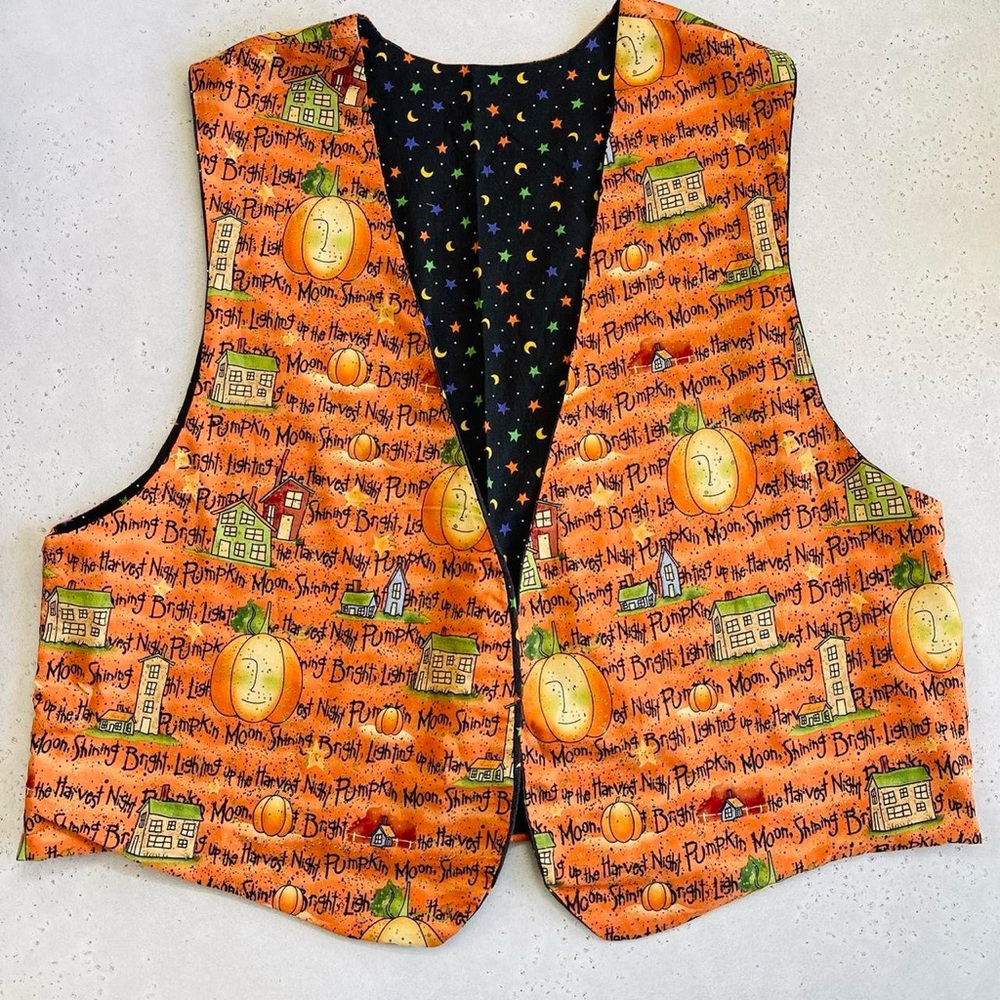 Halloween Handmade Reversible Orange Pumpkin Jack-O-Lantern Vest - Picture 2 of 6